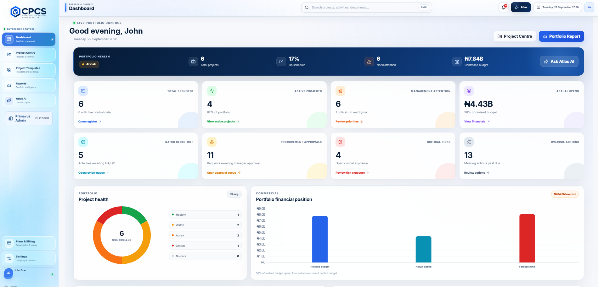 CPCS portfolio dashboard on desktop